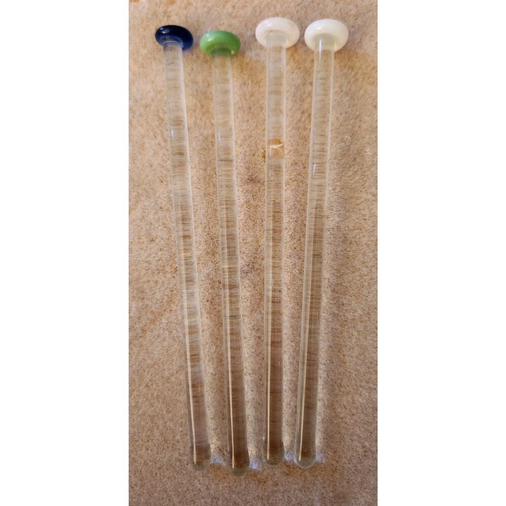 Four Vintage Glass Stirrer Swizzles Barware White, Green, Blue Tops